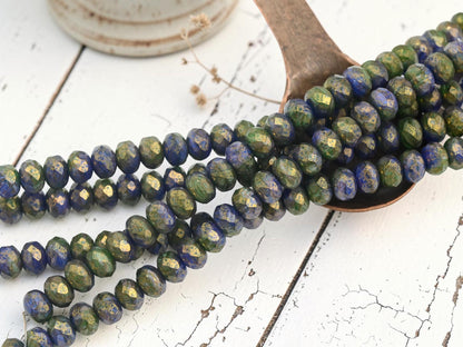 Czech Glass Faceted Fire Polished Rondelle Donut Beads - Bronzed Indigo Olive - 6x8mm - 25pcs - (B299)