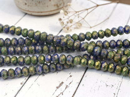 Czech Glass Faceted Fire Polished Rondelle Donut Beads - Bronzed Indigo Olive - 6x8mm - 25pcs - (B299)