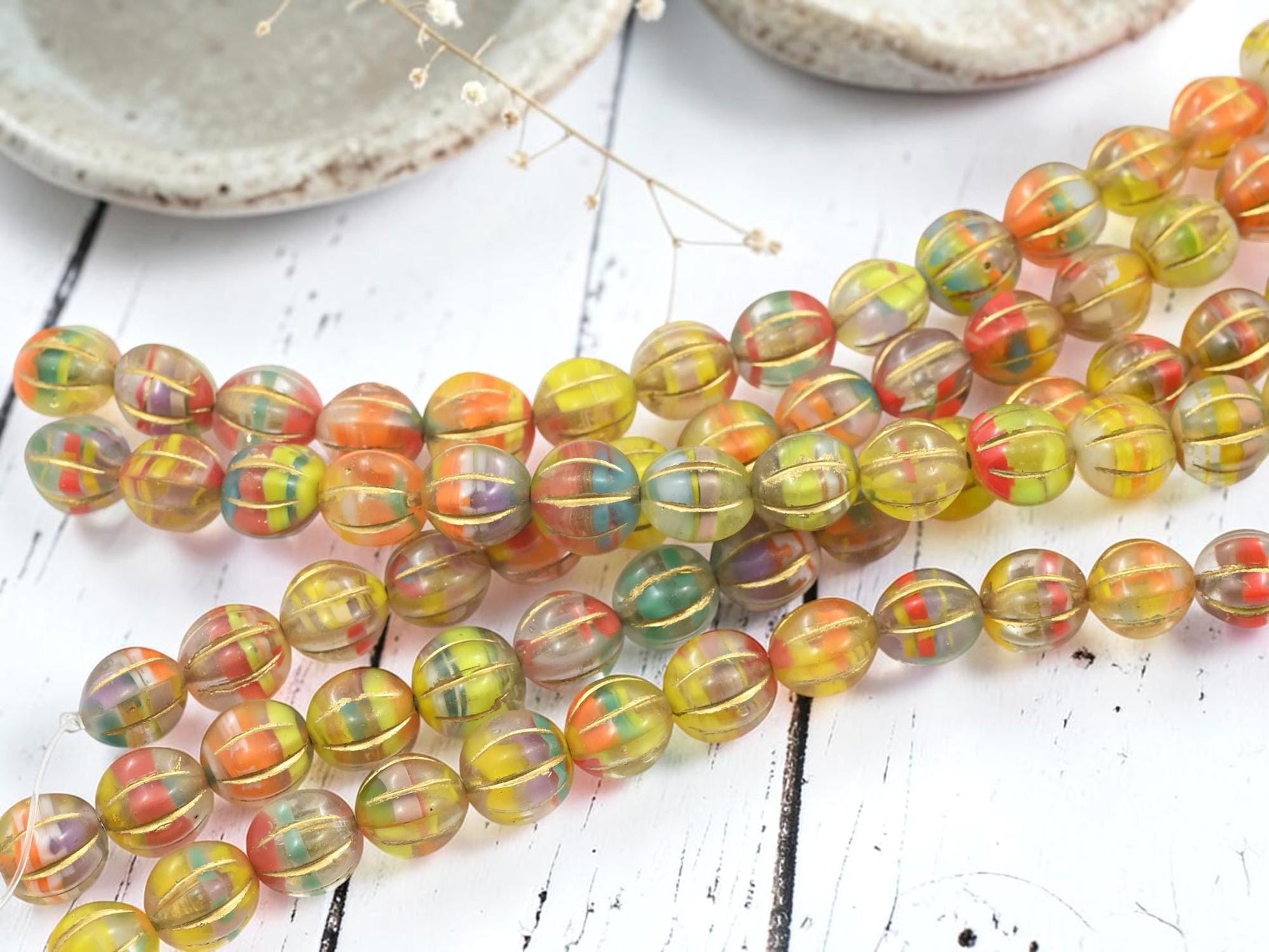 Czech Glass Round Melon Beads - Bronzed Summer Party Blend - 10mm - 15pcs - (B443)