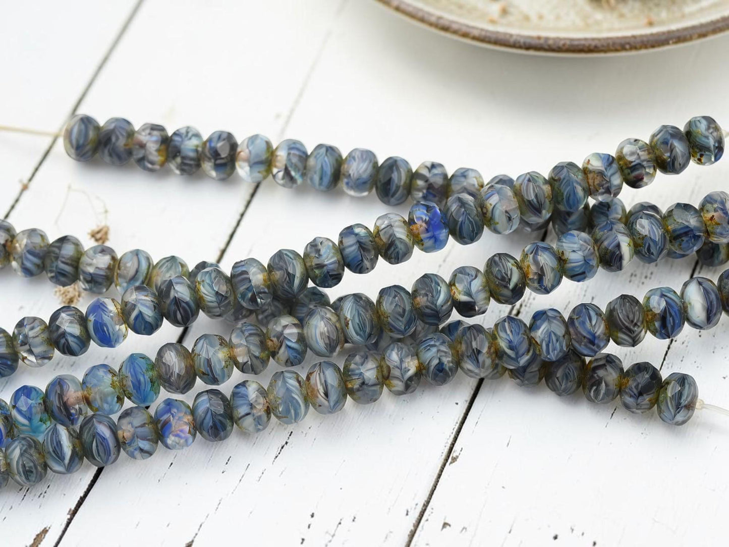 Czech Glass Faceted Fire Polished Rondelle Beads - Matte Blue Crystal Picasso - 6x8mm - 25pcs - (B117)