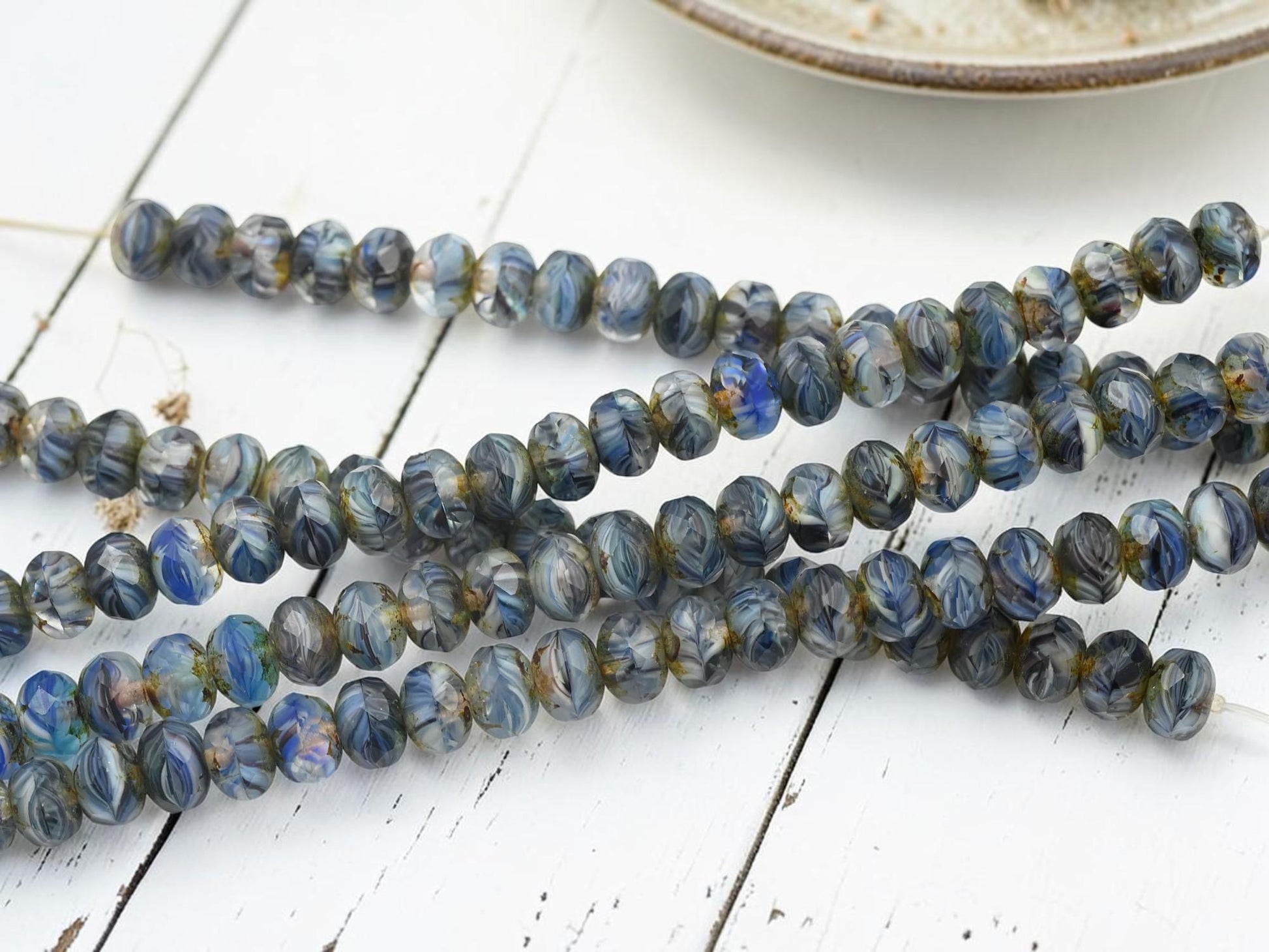 Czech Glass Faceted Fire Polished Rondelle Beads - Matte Blue Crystal Picasso - 6x8mm - 25pcs - (B117)