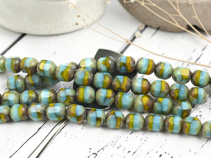 Czech Glass Faceted Cathedral Beads - Blue Turquoise Goldenrod Picasso - 10mm - 12pcs - (2471)