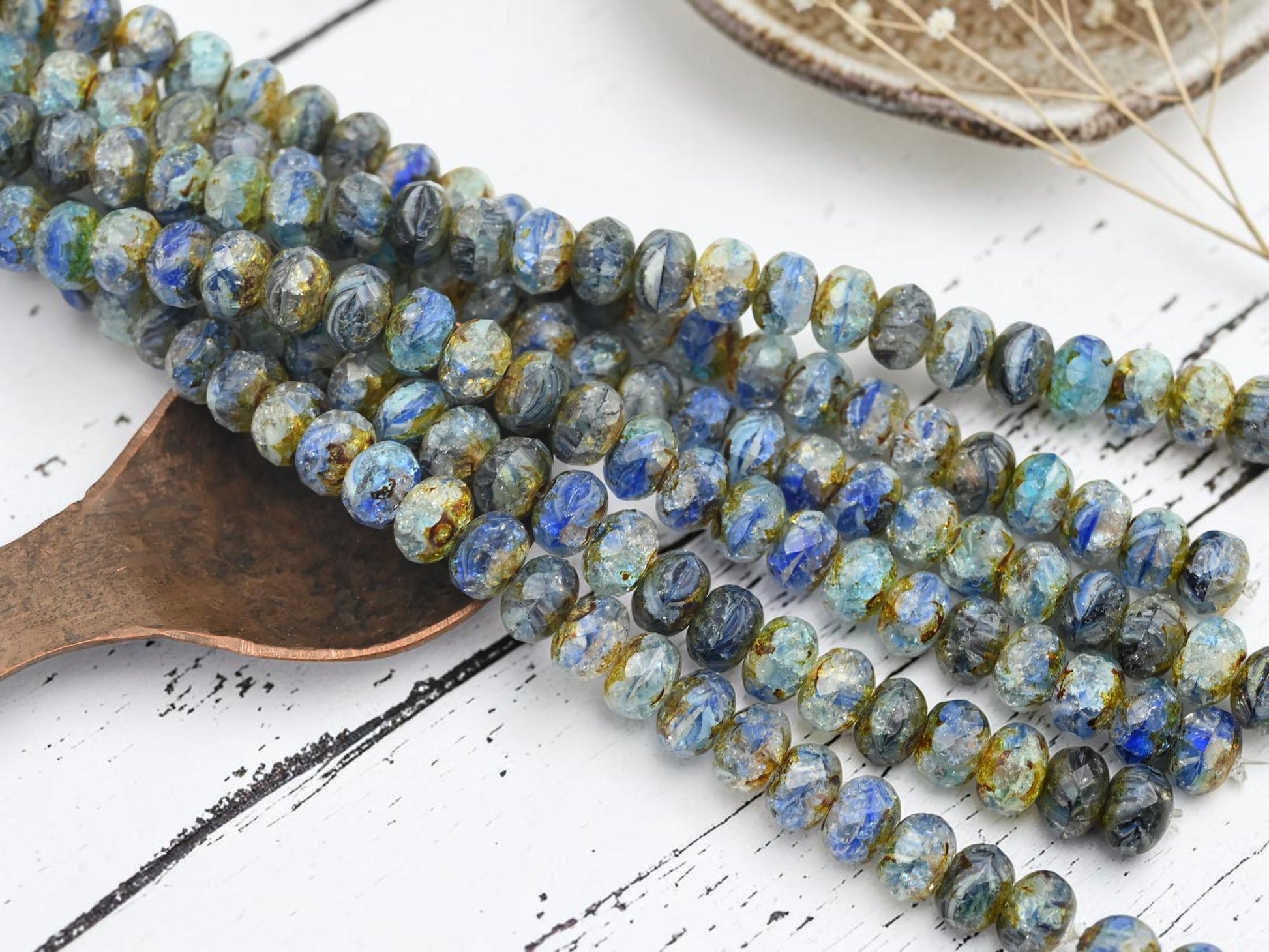 Czech Glass Faceted Fire Polished Rondelle Beads - Blue Aqua Crackle Picasso - 6x8mm - 25pcs - (B391)
