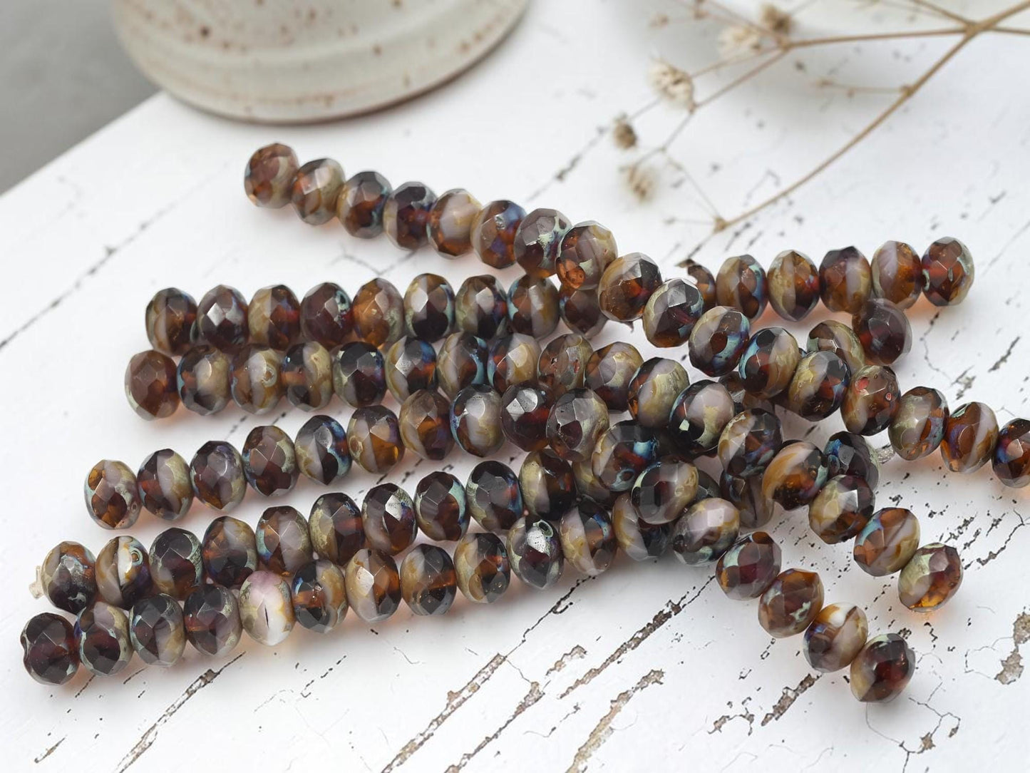 Czech Glass Faceted Fire Polished Rondelle Beads - Blended Topaz Picasso - 6x8mm - 17pcs - (B306)