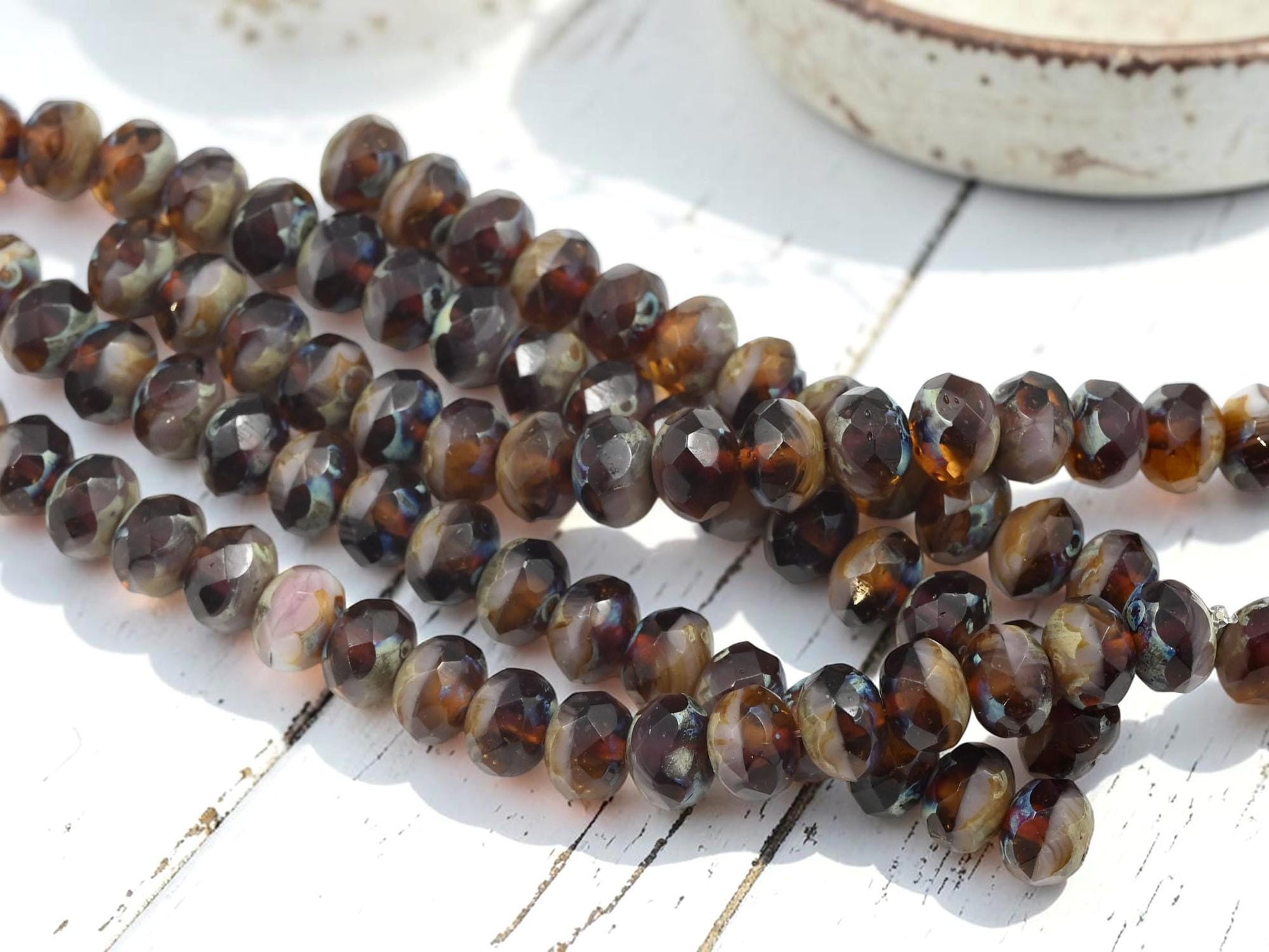 Czech Glass Faceted Fire Polished Rondelle Beads - Blended Topaz Picasso - 6x8mm - 17pcs - (B306)