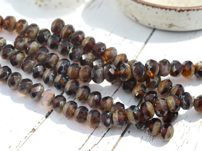 Czech Glass Faceted Fire Polished Rondelle Beads - Blended Topaz Picasso - 6x8mm - 17pcs - (B306)
