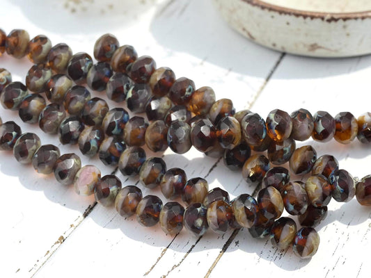 Czech Glass Faceted Fire Polished Rondelle Beads - Blended Topaz Picasso - 6x8mm - 17pcs - (B306)