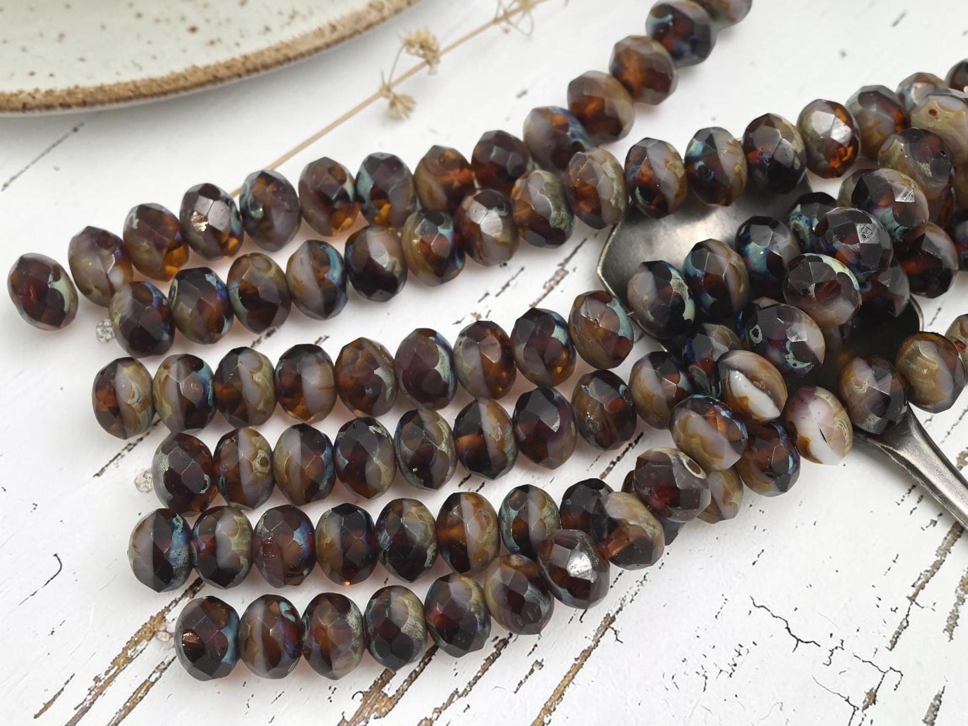 Czech Glass Faceted Fire Polished Rondelle Beads - Blended Topaz Picasso - 6x8mm - 17pcs - (B306)