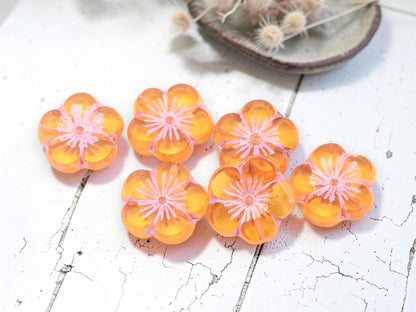 Czech Glass Table Cut Hawaiian Hibiscus Flower Beads - Pink Washed Orange - 21mm - 2pcs - (2279)