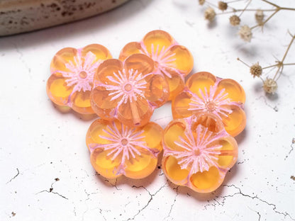 Czech Glass Table Cut Hawaiian Hibiscus Flower Beads - Pink Washed Orange - 21mm - 2pcs - (2279)