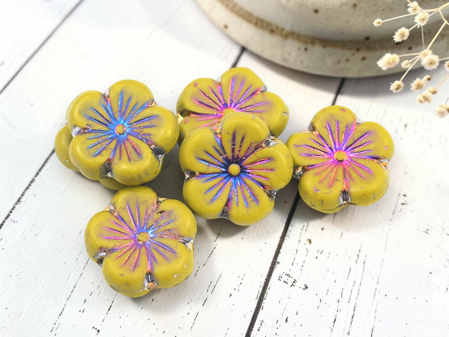 Czech Glass Hawaiian Hibiscus Flower Beads - Metallic Volcano Washed Mustard - 21mm - 2pcs - (3035)