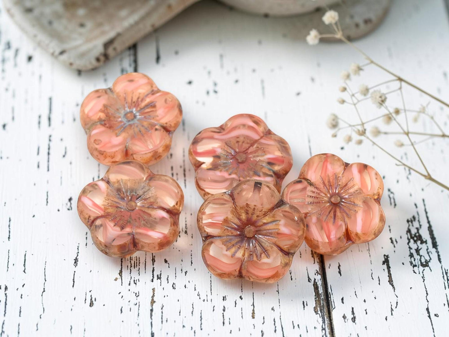 Czech Glass Table Cut Hawaiian Hibiscus Flower Beads - Pink Crystal Picasso - 21mm - 2pcs - (2279)