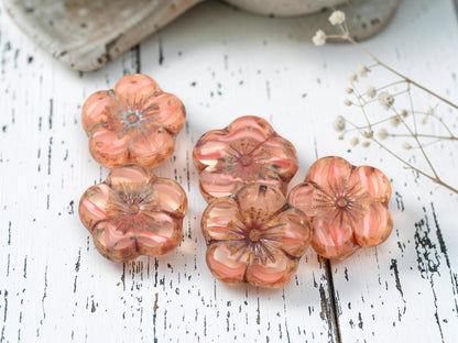 Czech Glass Table Cut Hawaiian Hibiscus Flower Beads - Pink Crystal Picasso - 21mm - 2pcs - (2279)