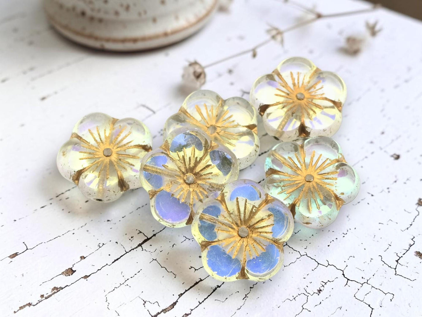Czech Glass Table Cut Hawaiian Hibiscus Flower Beads - Golden Crystal AB - 21mm - 2pcs - (2755)