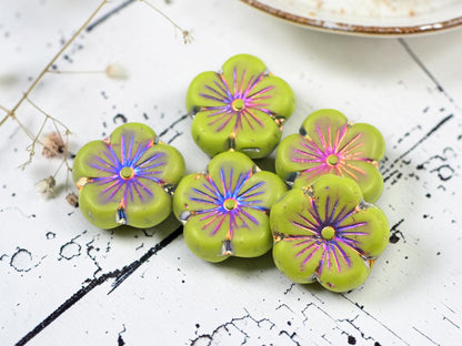 Czech Glass Hawaiian Hibiscus Flower Beads - Metallic Volcano Washed Chartreuse - 21mm - 2pcs - (3272)