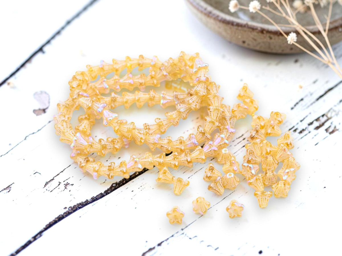 Czech Glass Small Bell Flower Beads - White Washed Dandelion AB - 5x6mm - 30pcs - (2392)