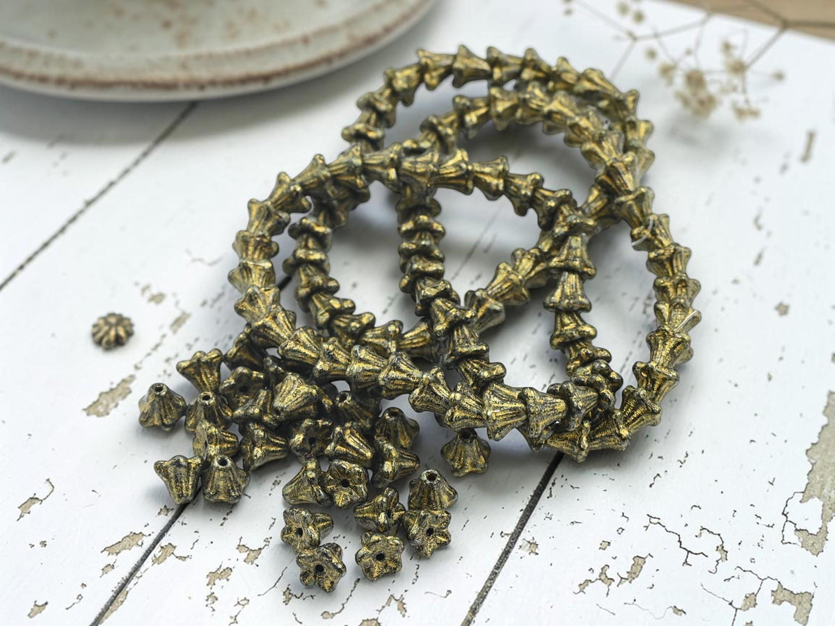 Czech Glass Small Bell Flower Beads - Gold Washed Jet Black - 5x6mm - 30pcs - (2641)