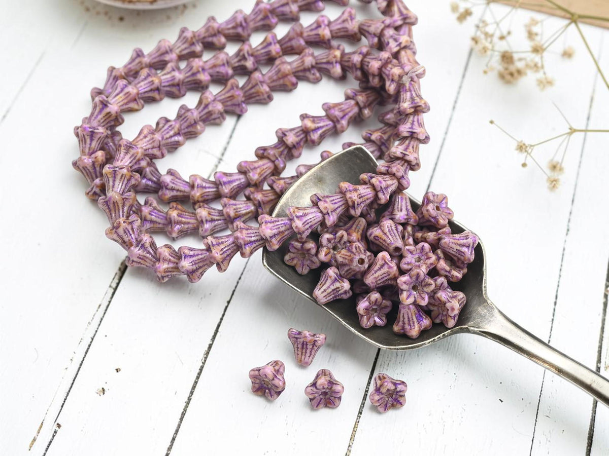 Czech Glass Small Bell Flower Beads - Purple Alabaster Picasso - 5x6mm - 30pcs - (1521)