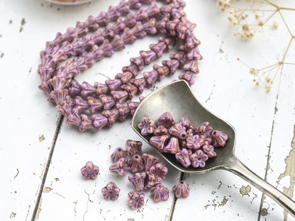 Czech Glass Small Bell Flower Beads - Purple Alabaster Picasso - 5x6mm - 30pcs - (1521)