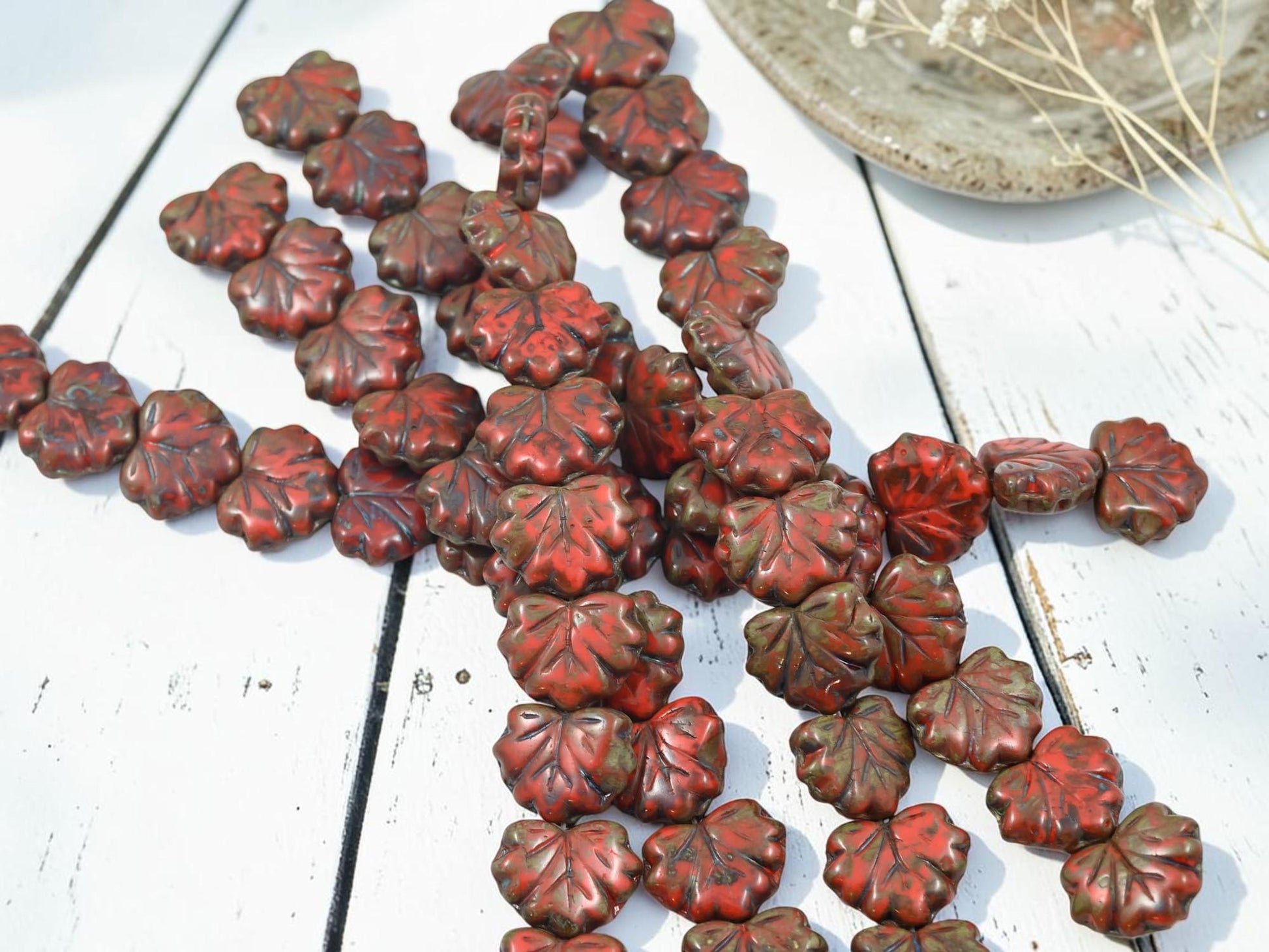 Czech Glass Maple Leaf Beads - Coral Red Travertine - 13x11mm - 12pcs - (1967)