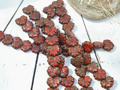 Czech Glass Maple Leaf Beads - Coral Red Travertine - 13x11mm - 12pcs - (1967)