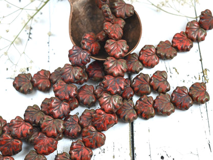 Czech Glass Maple Leaf Beads - Coral Red Travertine - 13x11mm - 12pcs - (1967)