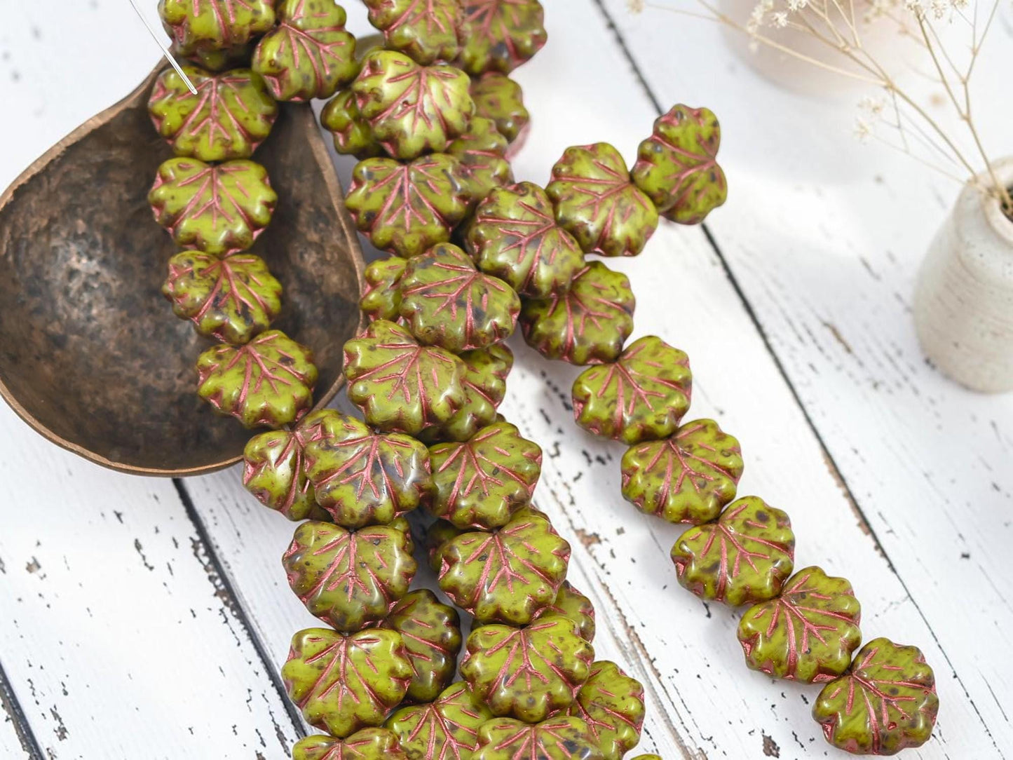 Czech Glass Maple Leaf Beads - Copper Washed Chartreuse Travertine - 13x11mm - 12pcs - (1443)