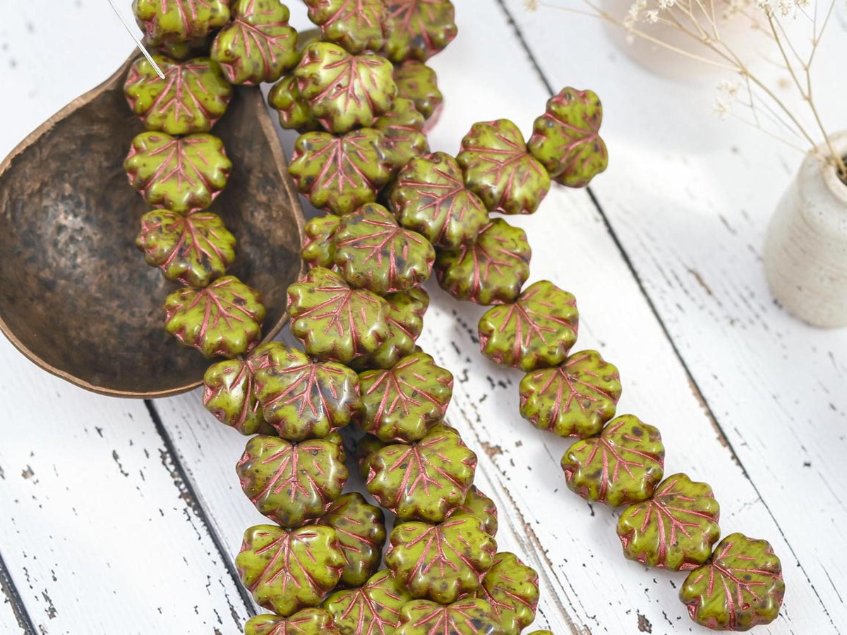Czech Glass Maple Leaf Beads - Copper Washed Chartreuse Travertine - 13x11mm - 12pcs - (1443)