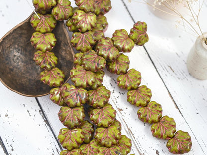 Czech Glass Maple Leaf Beads - Copper Washed Chartreuse Travertine - 13x11mm - 12pcs - (1443)