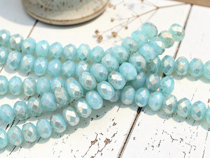 Czech Glass Faceted Fire Polished Rondelle Donut Beads - Blue Aqua Opaline - 6x8mm - 17pcs - (1134)
