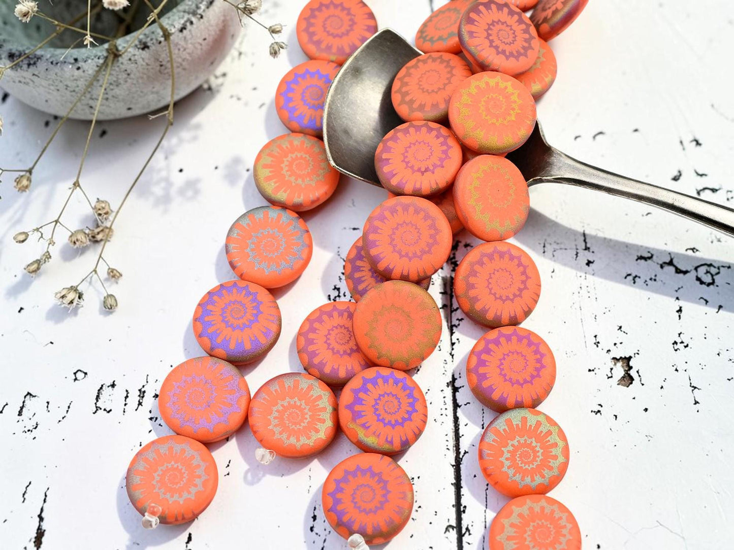 Czech Glass Laser Etched Spiral Design Coin Beads - Matte Orange Slipirit - 14mm - 8pcs - (861)