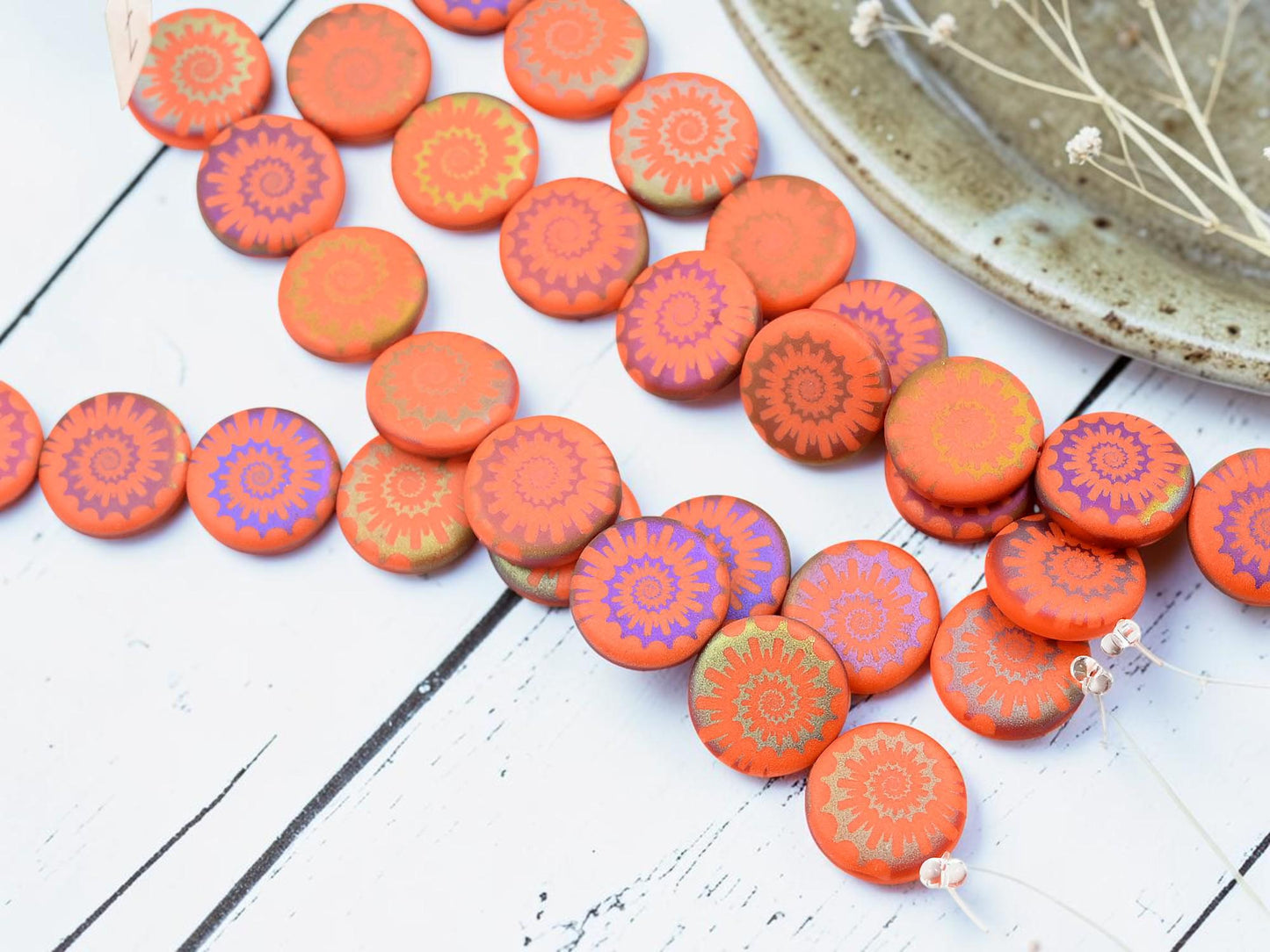 Czech Glass Laser Etched Spiral Design Coin Beads - Matte Orange Slipirit - 14mm - 8pcs - (861)