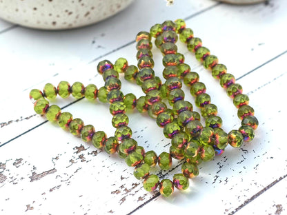 Czech Glass Faceted Fire Polished Rondelle Beads - Bronze Rainbow Peridot - 5x7mm - 25pcs - (2726)