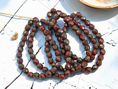 6mm Czech Glass Faceted Fire Polished Round Beds - Opaque Red Travertine - 25pcs - (3577)