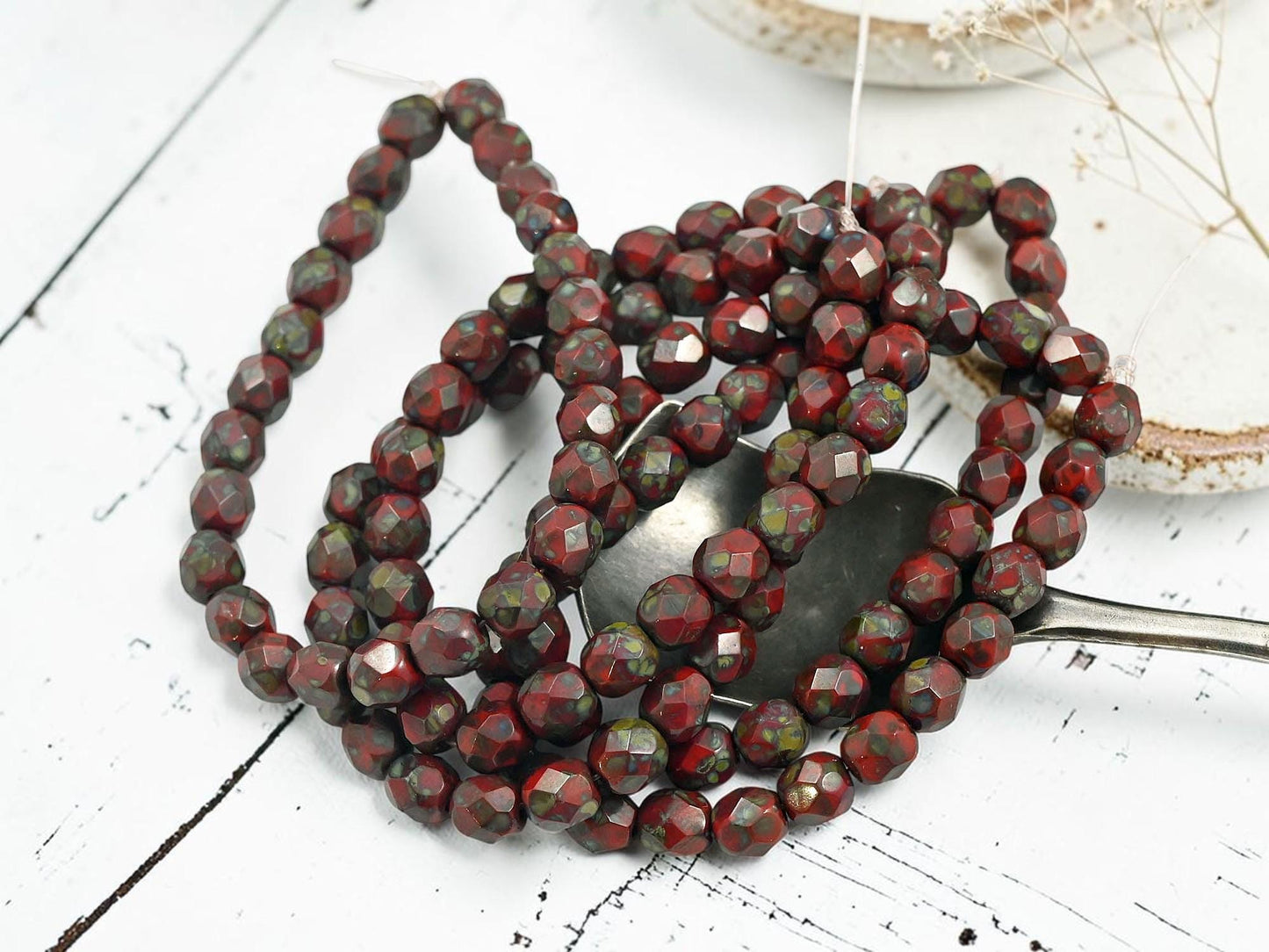 6mm Czech Glass Faceted Fire Polished Round Beds - Opaque Red Travertine - 25pcs - (3577)