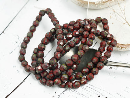 6mm Czech Glass Faceted Fire Polished Round Beds - Opaque Red Travertine - 25pcs - (3577)