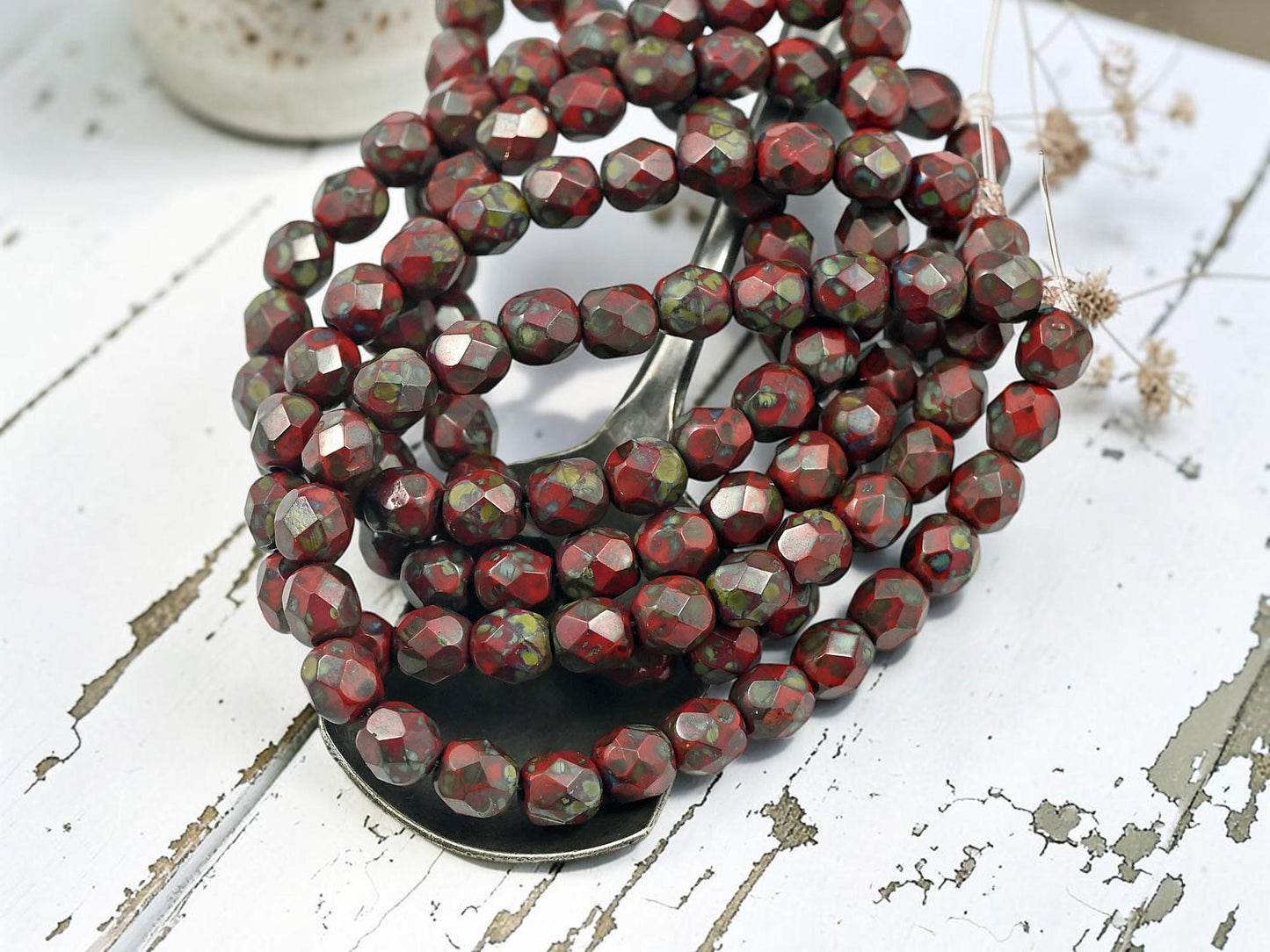 6mm Czech Glass Faceted Fire Polished Round Beds - Opaque Red Travertine - 25pcs - (3577)