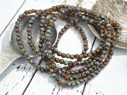 Czech Glass 4mm Round Druk Beads - Turquoise Topaz Picasso - 50pcs - (1969)