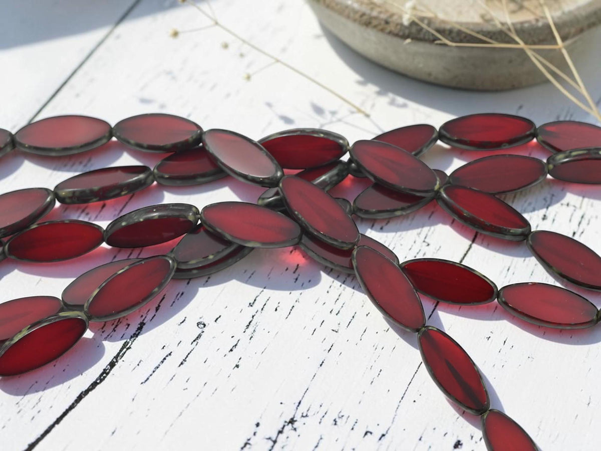 Czech Glass Table Cut Marquise Spindle Oval Beads - Red Opaline Picasso - 19x8mm- 8pcs - (622)