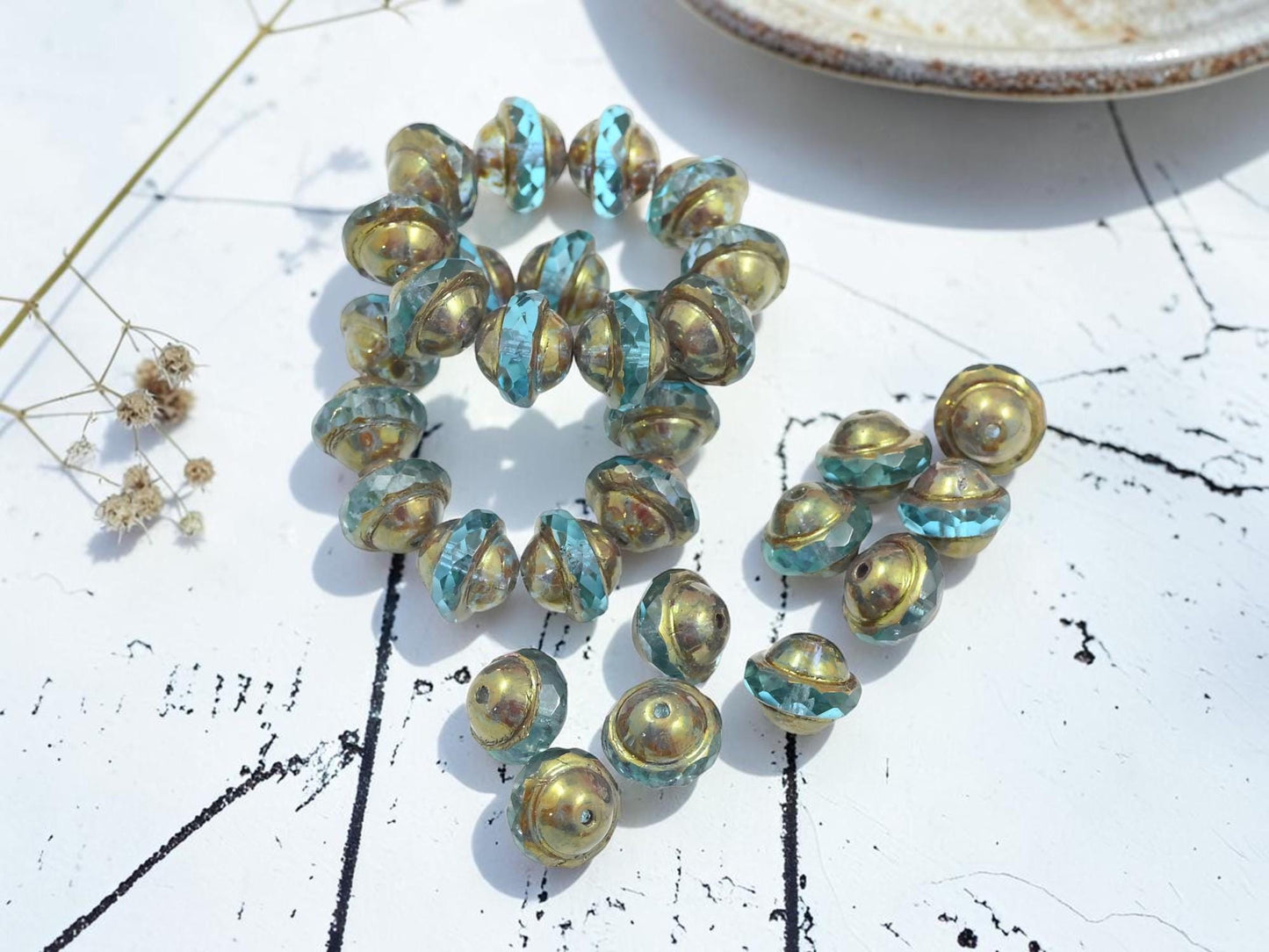 Czech Glass Faceted Saturn Beads - Antique Bronze Washed Aqua - 8x10mm - 10pcs - (2530)