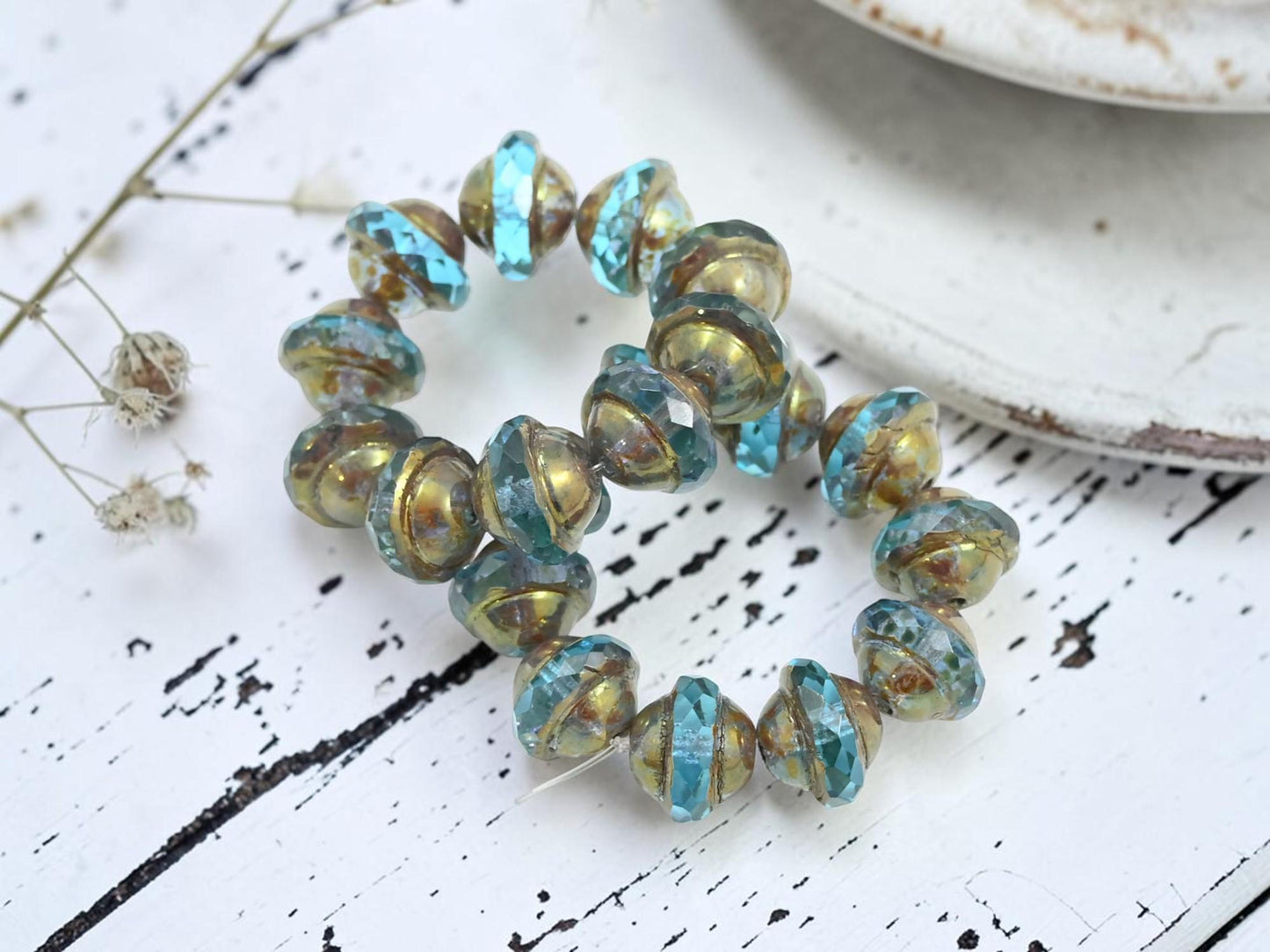 Czech Glass Faceted Saturn Beads - Antique Bronze Washed Aqua - 8x10mm - 10pcs - (2530)