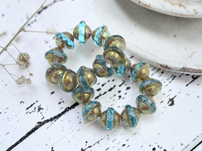 Czech Glass Faceted Saturn Beads - Antique Bronze Washed Aqua - 8x10mm - 10pcs - (2530)