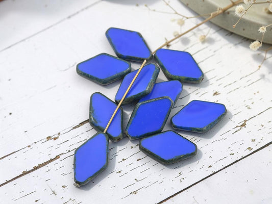 Czech Glass Old Stock Table Cut Diamond Beads - Opaque Blue Picasso - 19x12mm - 10pcs - (A599)