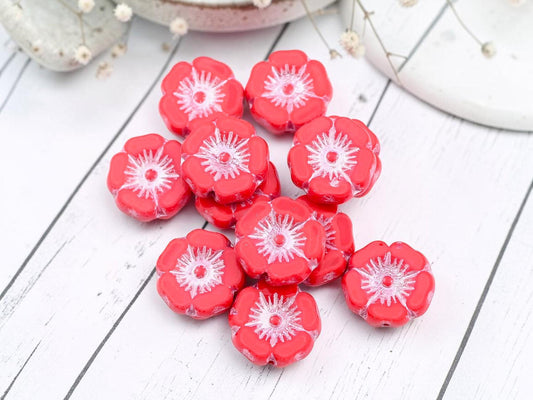 12mm Czech Glass Table Cut Hawaiian Flower Beads - Silver Washed Coral Red - 12pcs - (A449)