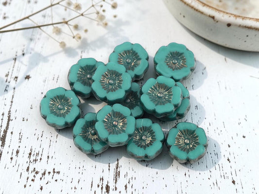 12mm Czech Glass Table Cut Hawaiian Flower Beads - Bronze Washed Turquoise - 12pcs - (A396)