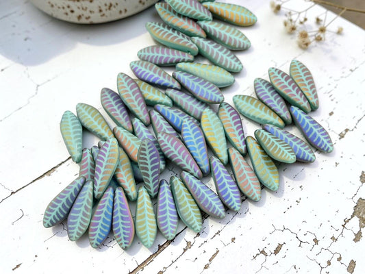 Czech Glass Top Hole Laser Etched Dagger Beads - Matte Turquoise Sliperit - 5x16mm - 25pcs - (A660)