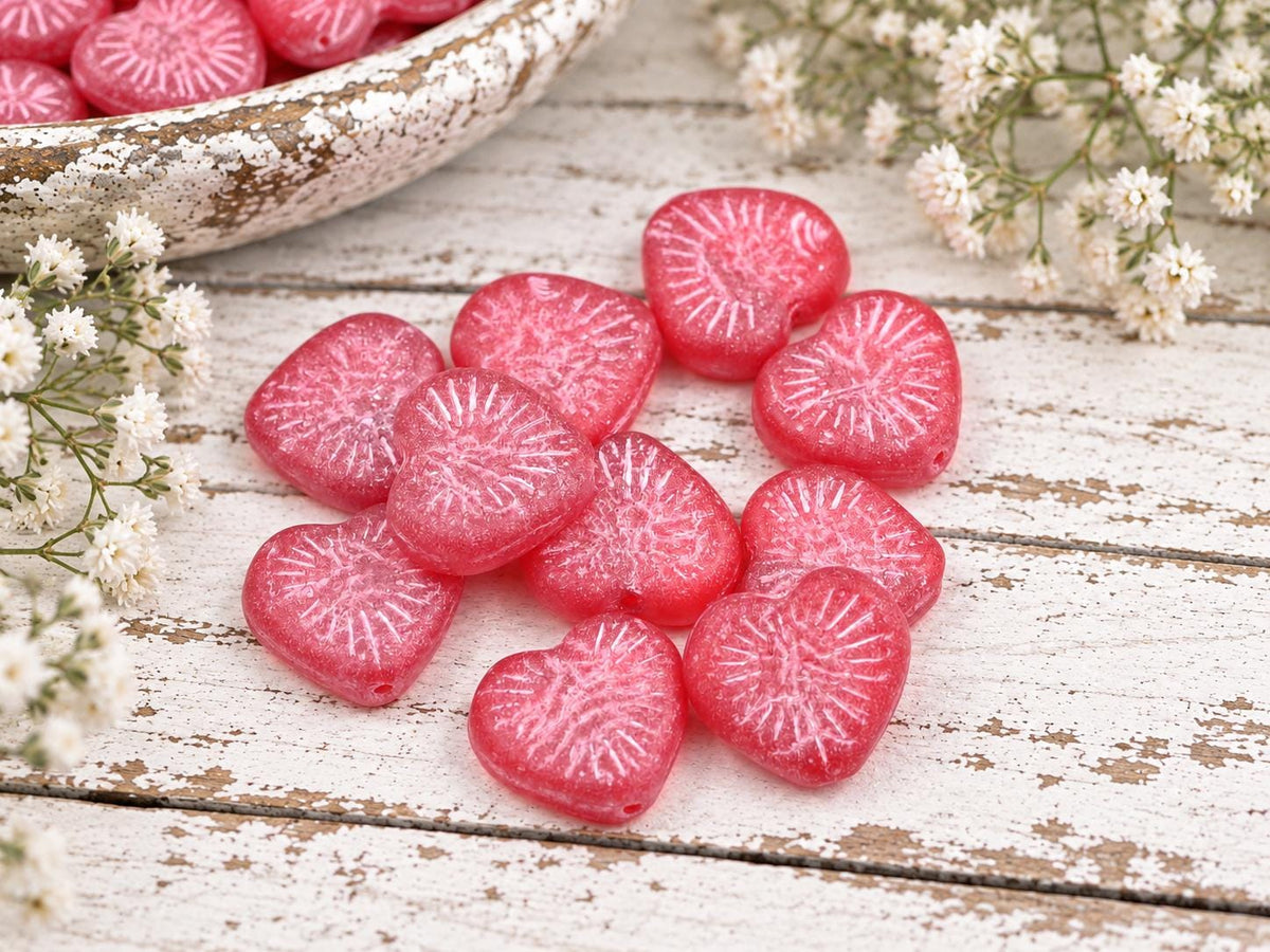 Czech Glass Heart Beads - Pink Washed Ruby Red - 14mm - 10pcs - (3972)