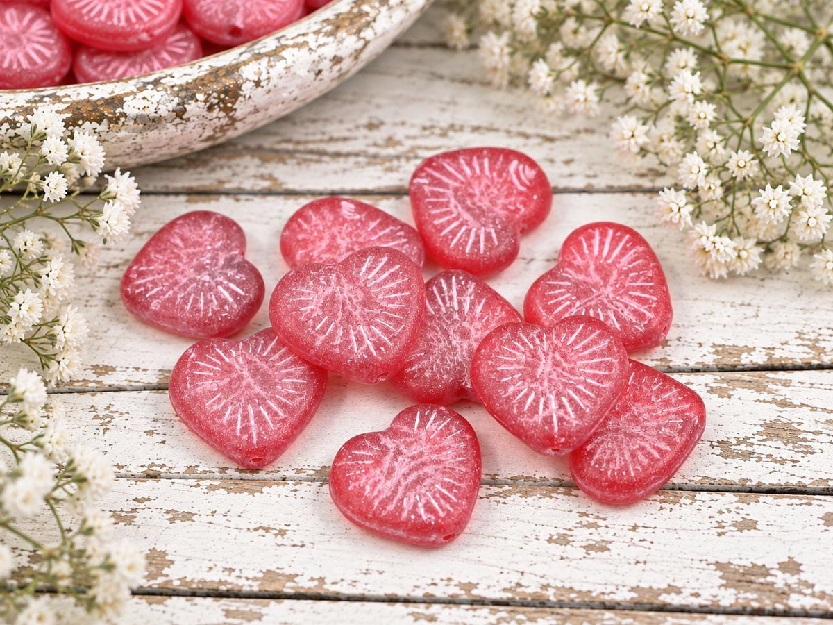 Czech Glass Heart Beads - Pink Washed Ruby Red - 14mm - 10pcs - (3972)