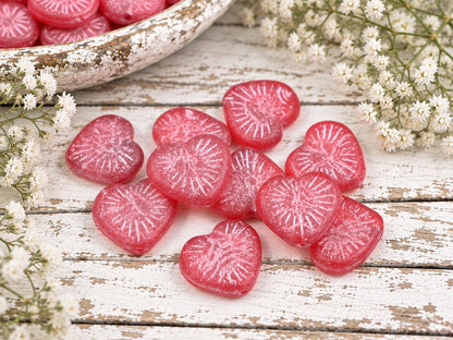 Czech Glass Heart Beads - Pink Washed Ruby Red - 14mm - 10pcs - (3972)