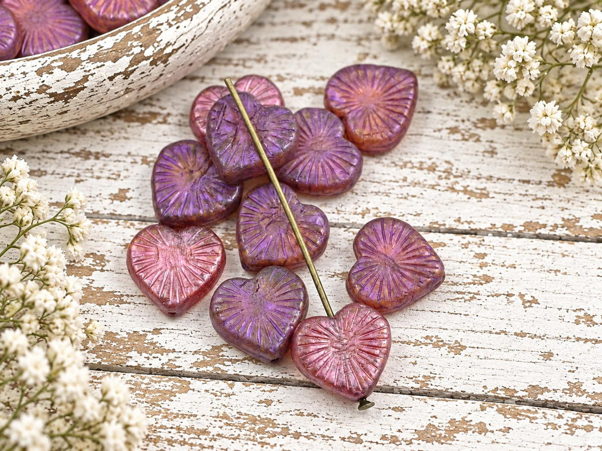 Czech Glass Heart Beads - Pink + Purple Lustered Crystal - 14mm - 10pcs - (3840)